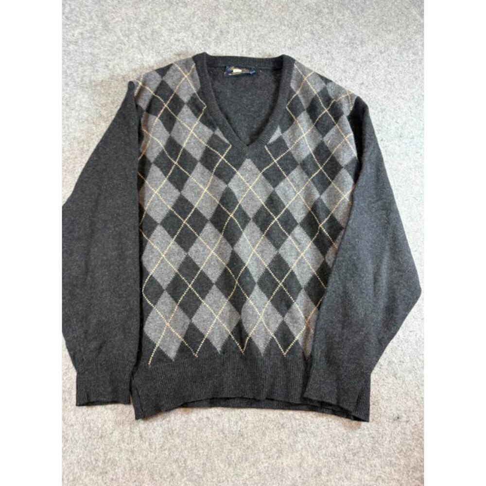 VTG 90s Brooks Brothers Cashmere Argyle Sweater Mens L Gray Vneck Preppy Grandpa
